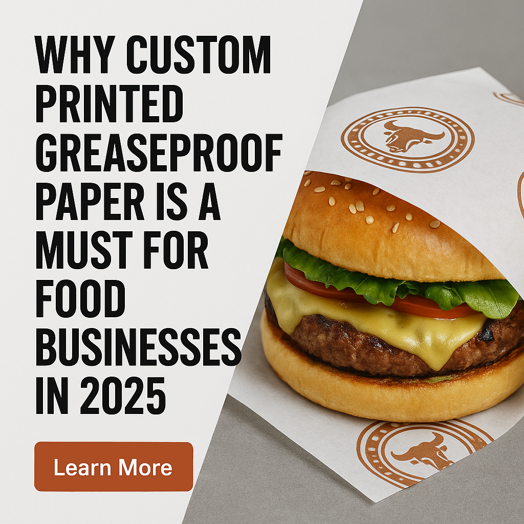 Gourmet burger wrapped in branded greaseproof paper showcasing logo, emphasizing food packaging trends for 2025